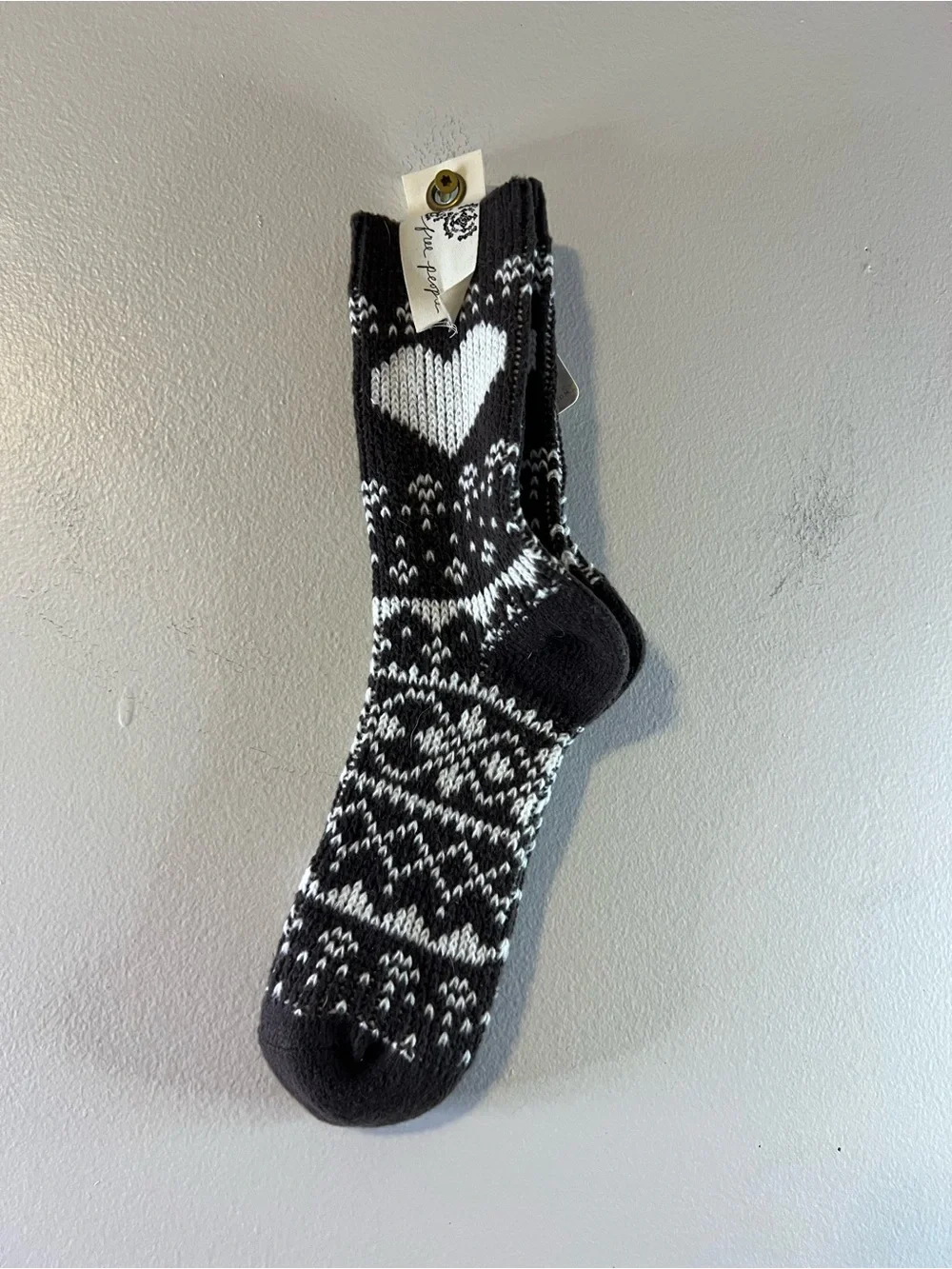 Free People Brown & White Heart Pattern Crew Socks